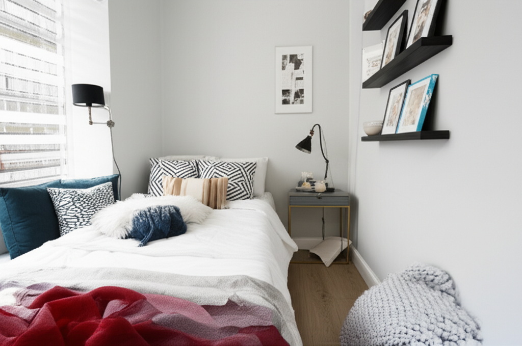 Generate a high-quality, relevant image prompt for an article about: Where to Put a Bed in a Small R