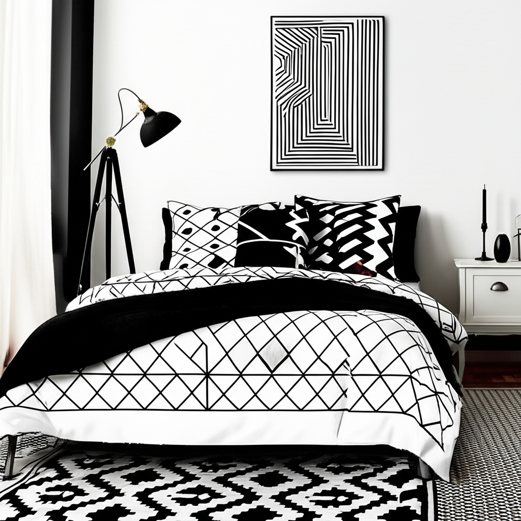 Generate a high-quality, relevant image prompt for an article about: Bedroom Decor Ideas Black and W