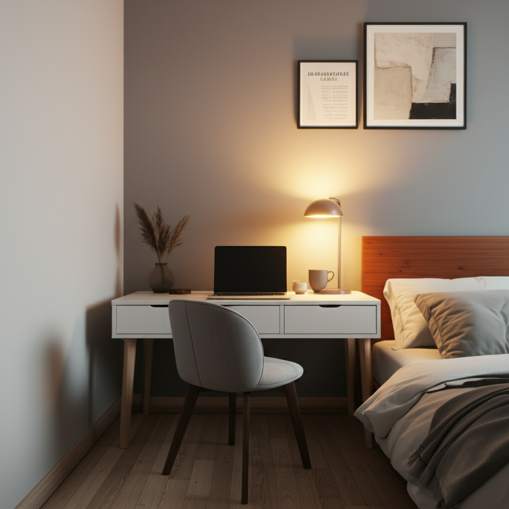 Generate a high-quality, relevant image prompt for an article about: Office In Bedroom Decor Ideas: