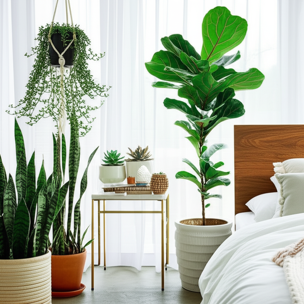 Generate a high-quality, relevant image prompt for an article about: Plants in Bedroom Decor Ideas: