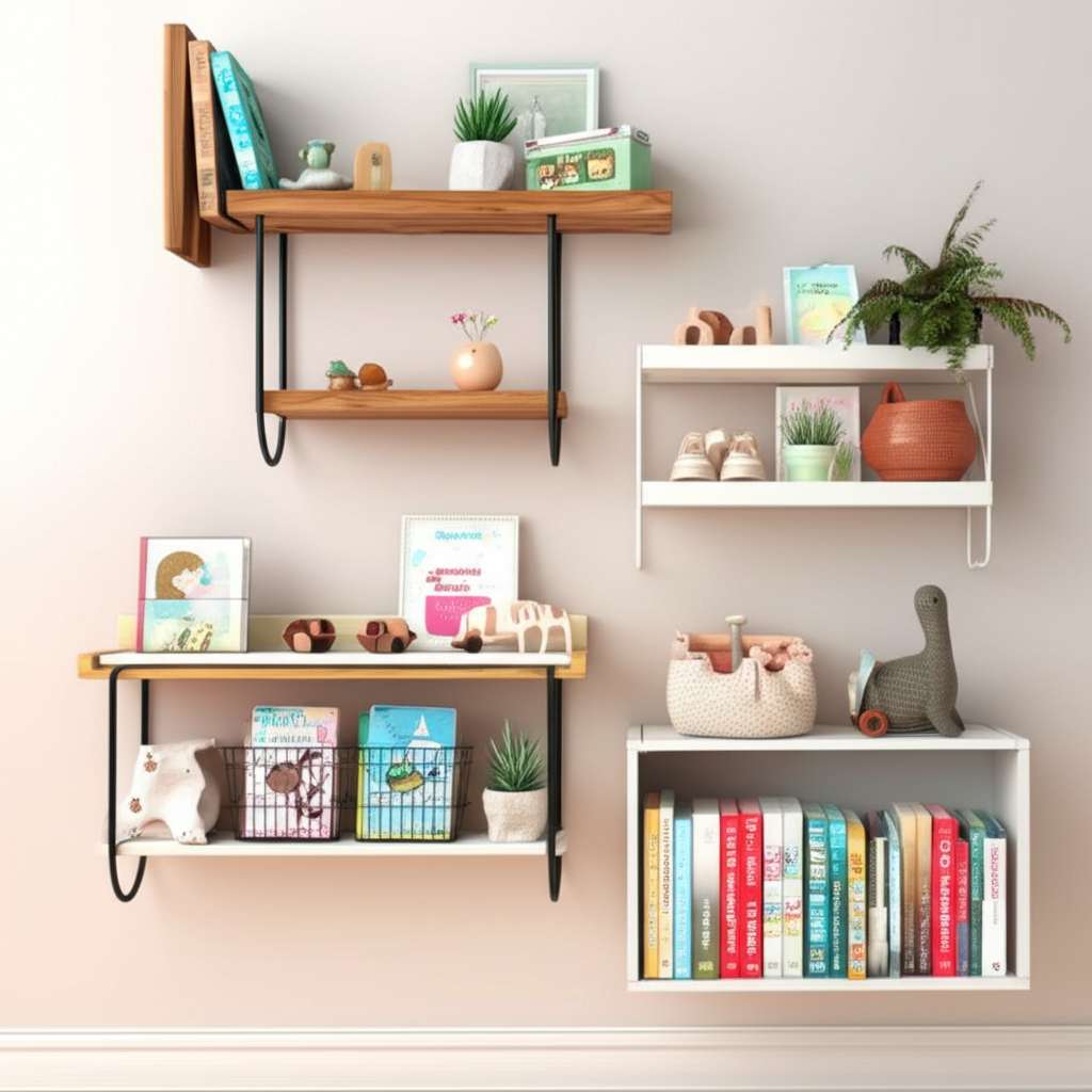 Generate a high-quality, relevant image prompt for an article about: 10 Creative Baby Room Shelves: