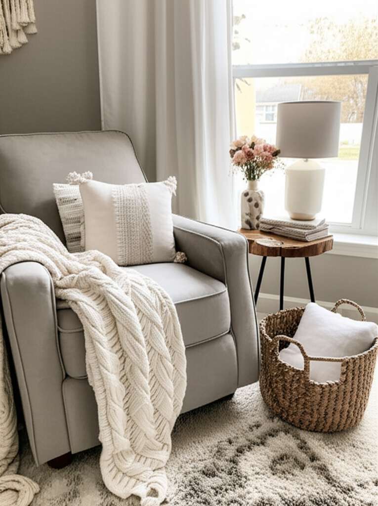 Generate a high-quality, relevant image prompt for an article about: 10 Best Cozy Nursing Corner Ide