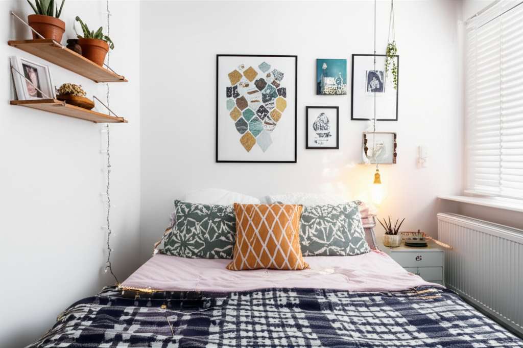 Generate a high-quality, relevant image prompt for an article about: Small Bedroom Decorating Ideas