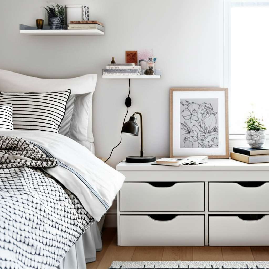 Generate a high-quality, relevant image prompt for an article about: Small Bedroom Ideas For Adults: