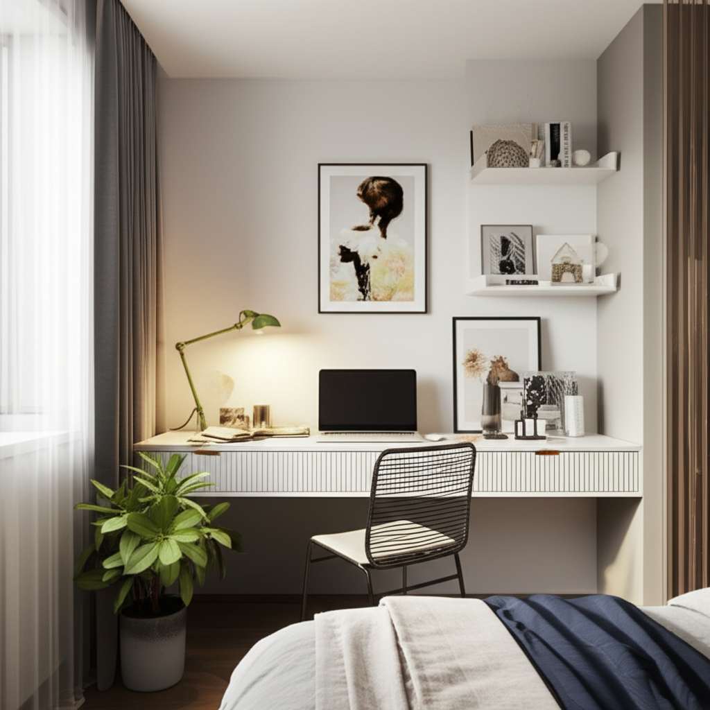 Generate a high-quality, relevant image prompt for an article about: Small Bedroom Decorating Ideas
