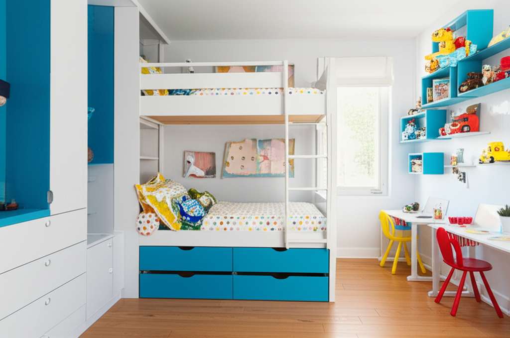Generate a high-quality, relevant image prompt for an article about: Small Room Design for 2 Childre