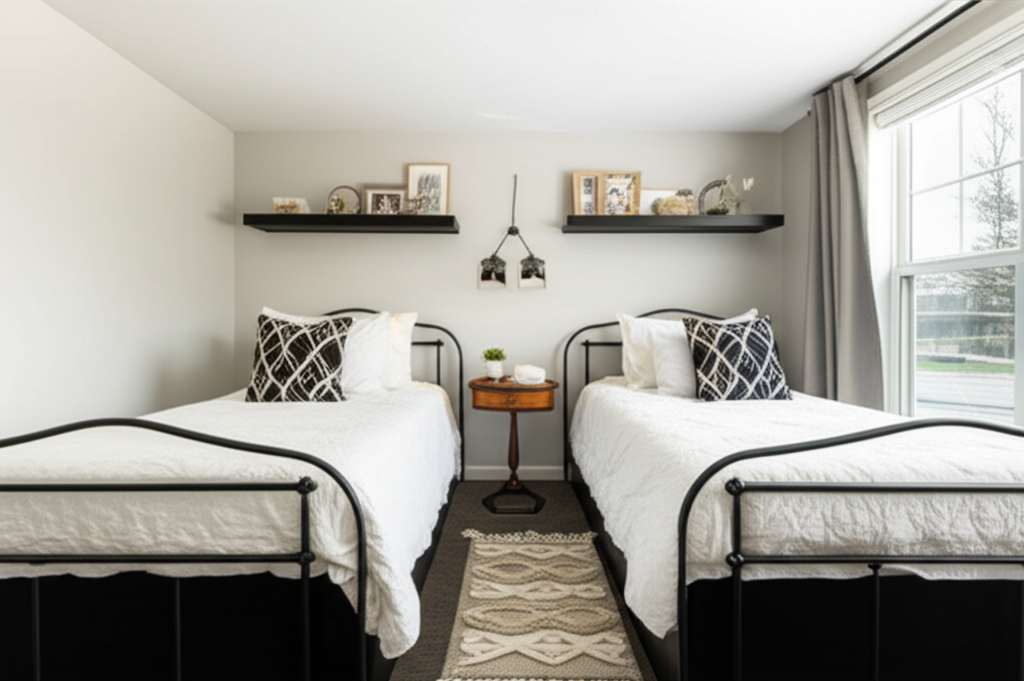 Generate a high-quality, relevant image prompt for an article about: Small Room Design Ideas 2 Beds: