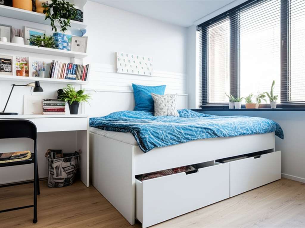 Generate a high-quality, relevant image prompt for an article about: Small Bedroom Design Ideas: Gen