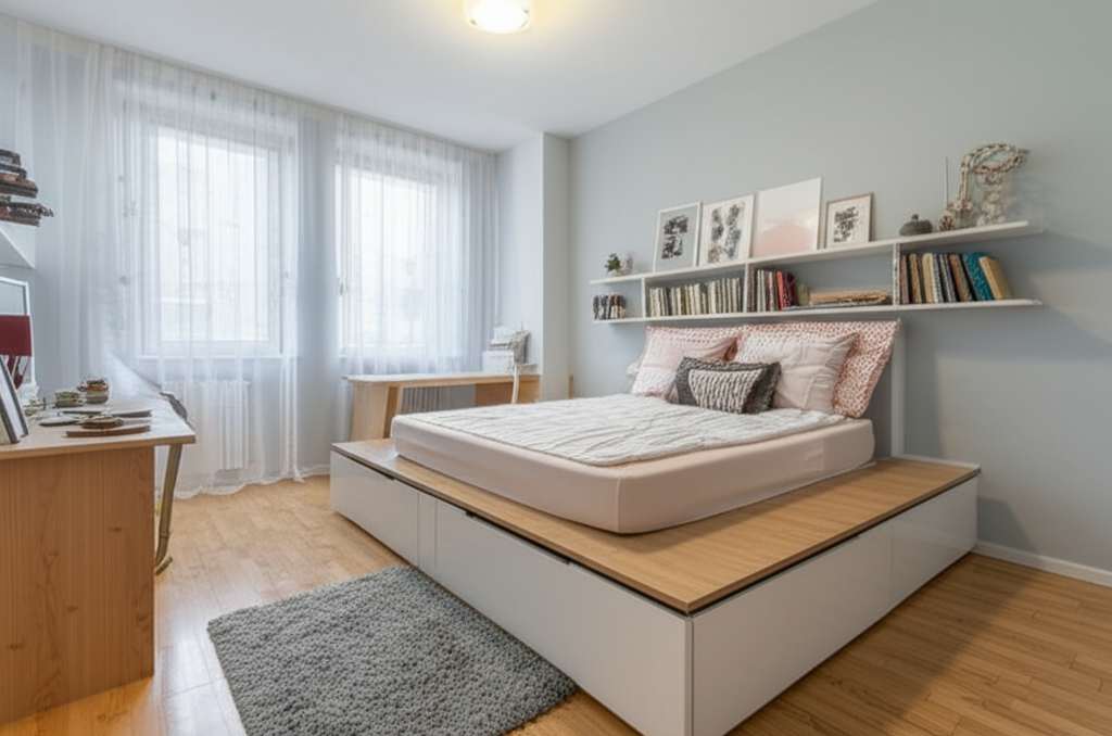 Generate a high-quality, relevant image prompt for an article about: Small Bedroom Design Ideas: Gen