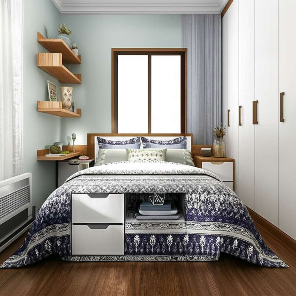 Generate a high-quality, relevant image prompt for an article about: Small Bedroom Decorating Ideas