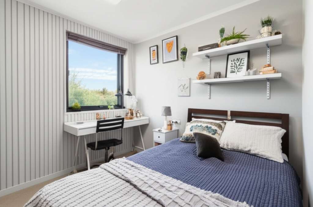 Generate a high-quality, relevant image prompt for an article about: Small Bedroom Ideas Low Budget:
