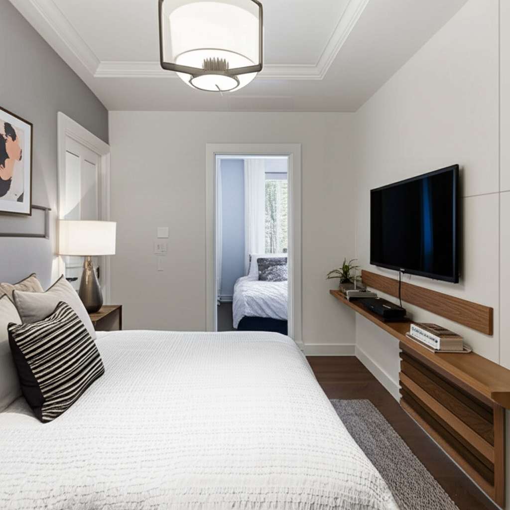 Generate a high-quality, relevant image prompt for an article about: Small Bedroom Layout Ideas With