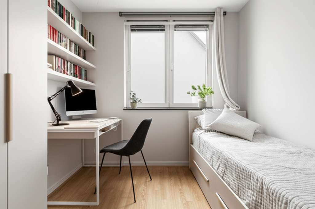 Generate a high-quality, relevant image prompt for an article about: Small Bedroom Design Ideas With