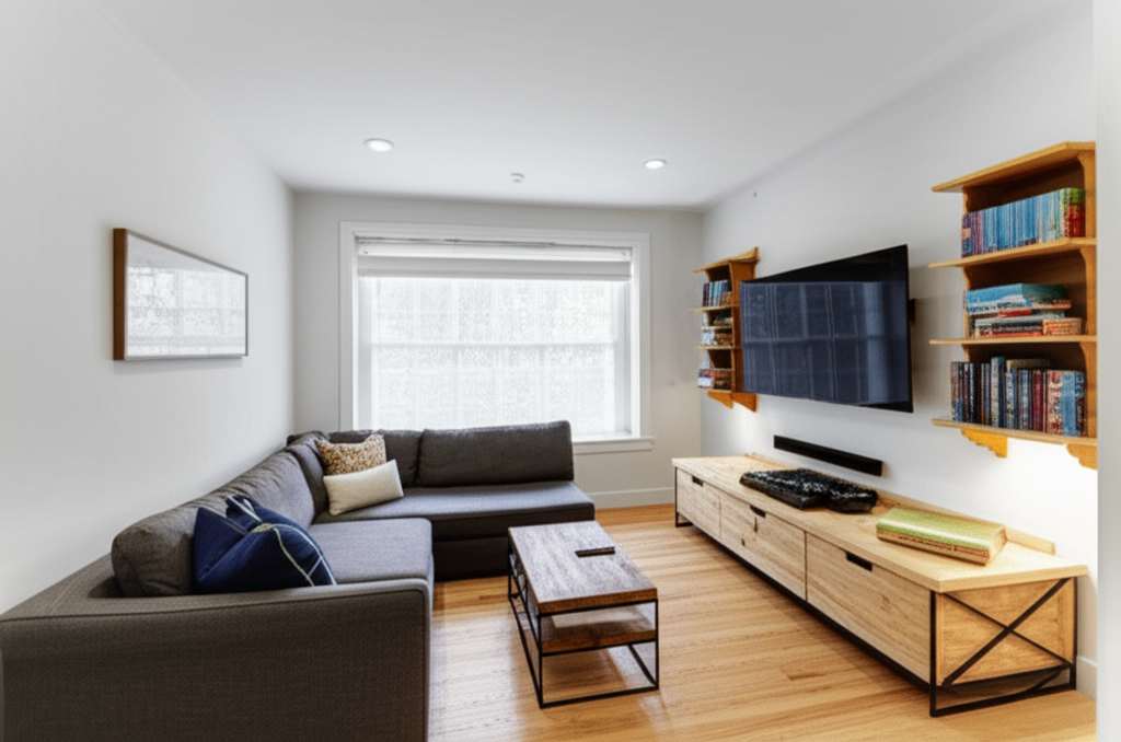 Generate a high-quality, relevant image prompt for an article about: Small Rec Room Design Ideas: Br