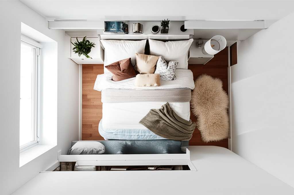 Generate a high-quality, relevant image prompt for an article about: Small Room Layout Ideas Queen B