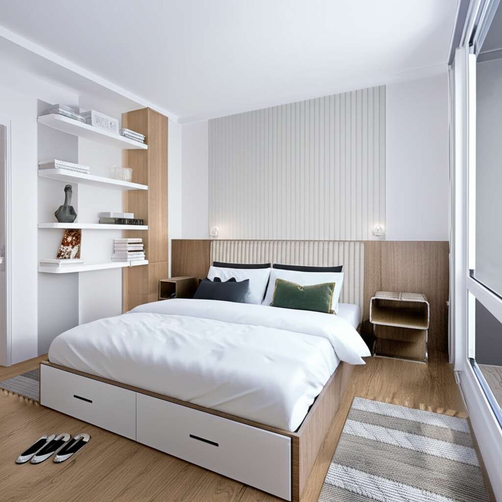 Generate a high-quality, relevant image prompt for an article about: Small Room Layout Ideas Queen B