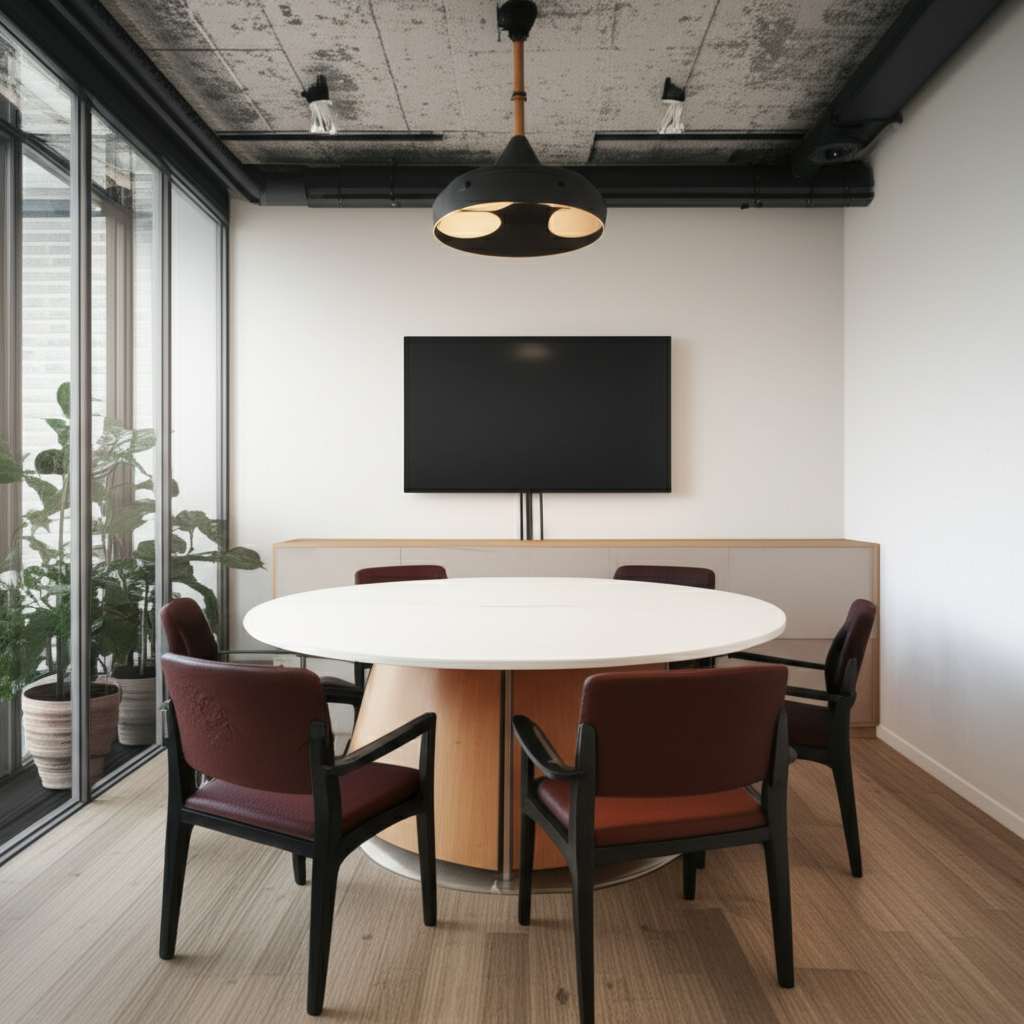 Generate a high-quality, relevant image prompt for an article about: Small Meeting Room Design Ideas
