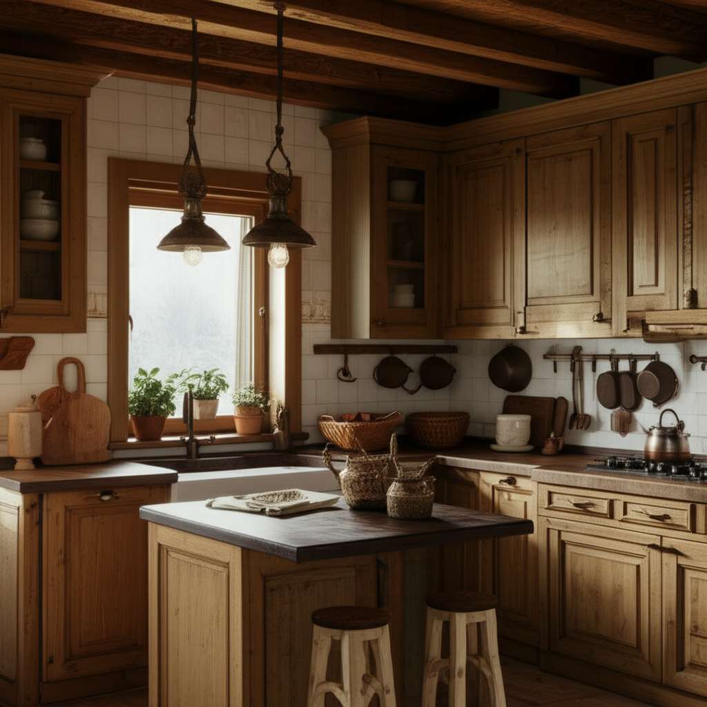 Generate a high-quality, relevant image prompt for an article about: 15 Rustic Kitchen Decor Styles: