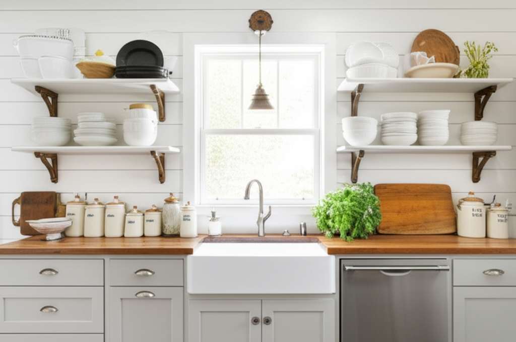 Generate a high-quality, relevant image prompt for an article about: 20 Farmhouse Kitchen Design Ide