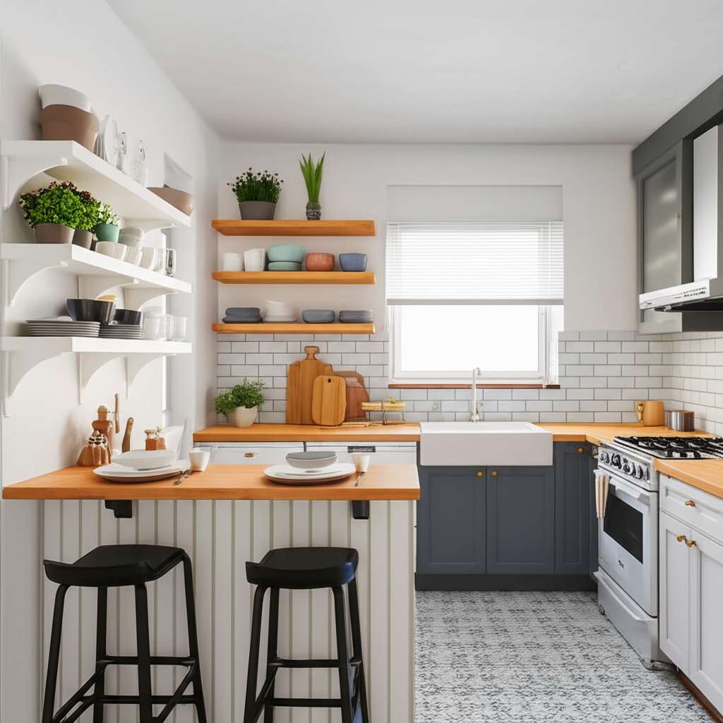 Generate a high-quality, relevant image prompt for an article about: 12 Small Kitchen Decorating Ide