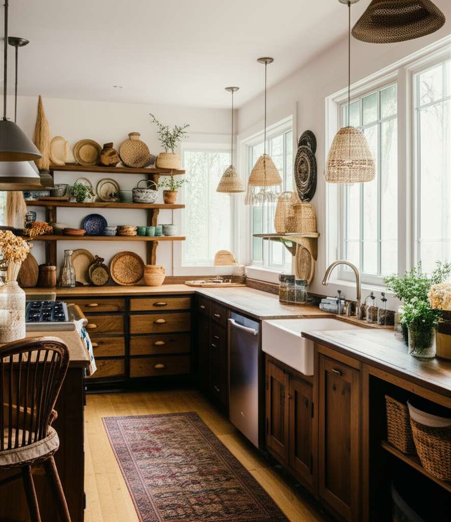 Generate a high-quality, relevant image prompt for an article about: 14 Bohemian Kitchen Style Inspi