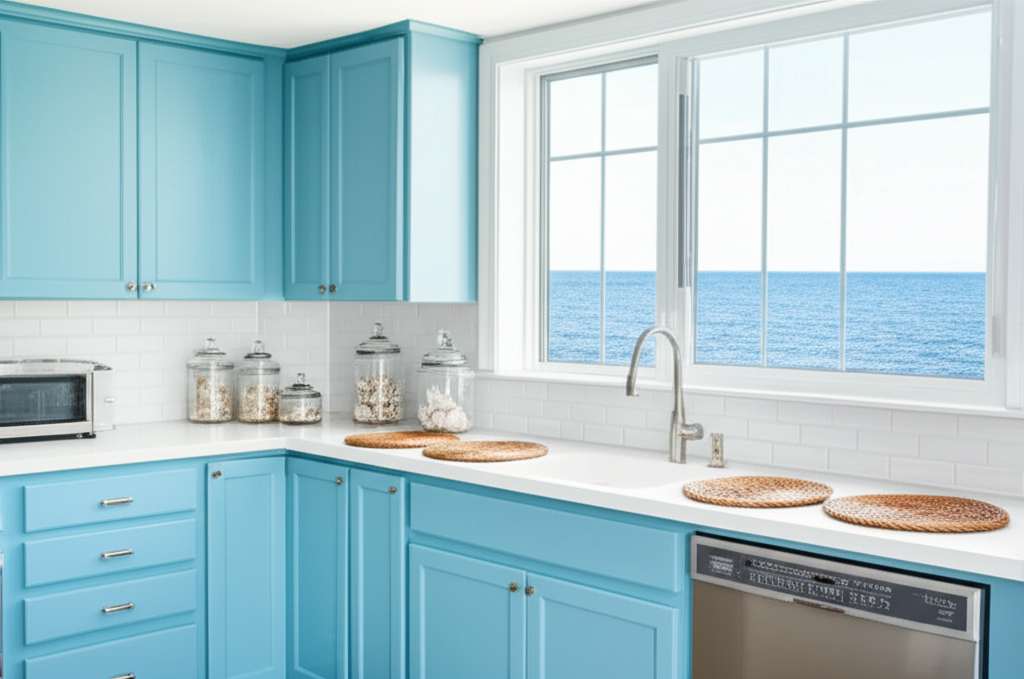 Generate a high-quality, relevant image prompt for an article about: 10 Coastal Kitchen Decor Themes