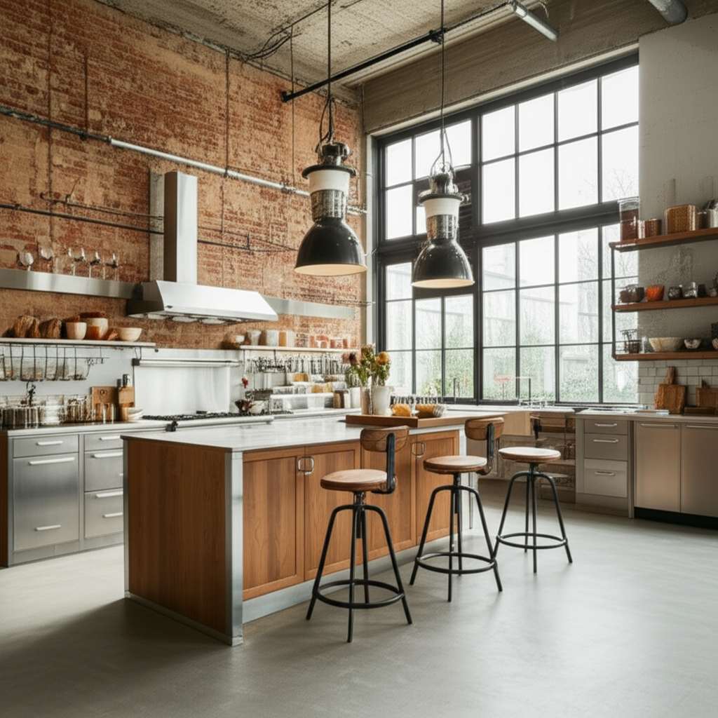 Generate a high-quality, relevant image prompt for an article about: 9 Industrial Kitchen Design Ide
