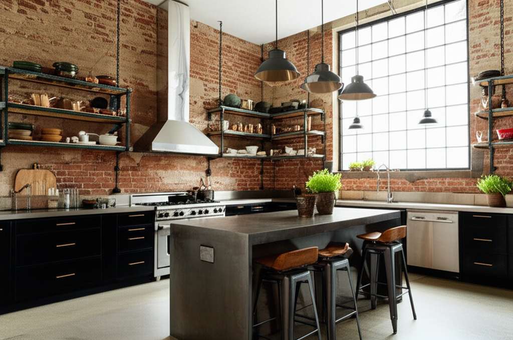 Generate a high-quality, relevant image prompt for an article about: 9 Industrial Kitchen Design Ide
