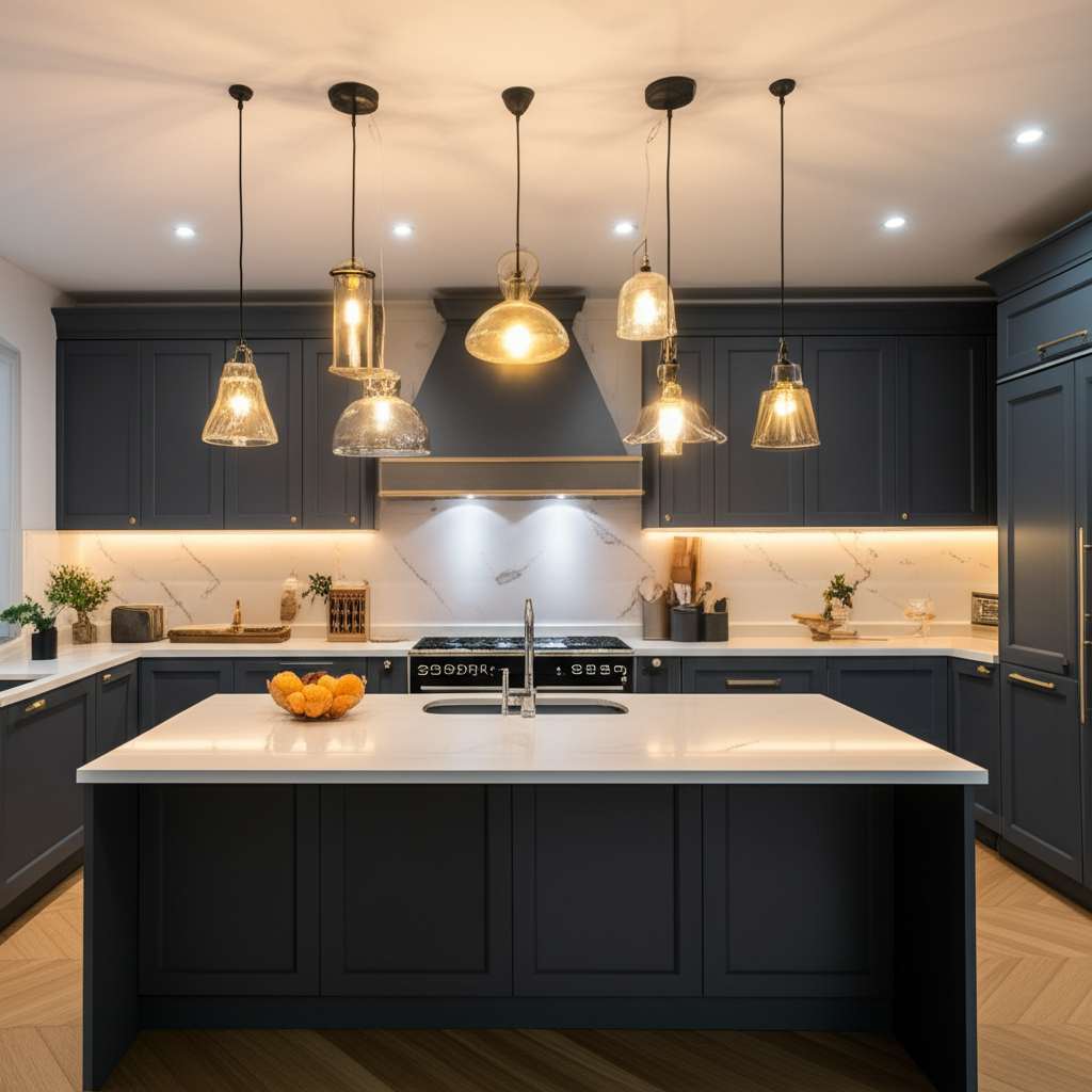 Generate a high-quality, relevant image prompt for an article about: 8 Kitchen Lighting Decor Ideas: