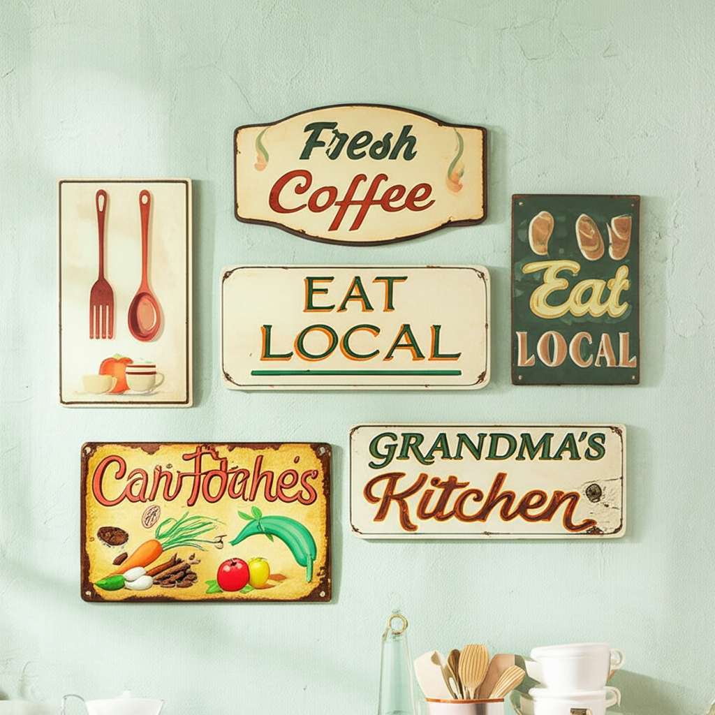 Generate a high-quality, relevant image prompt for an article about: 10 Vintage Kitchen Wall Sign Id