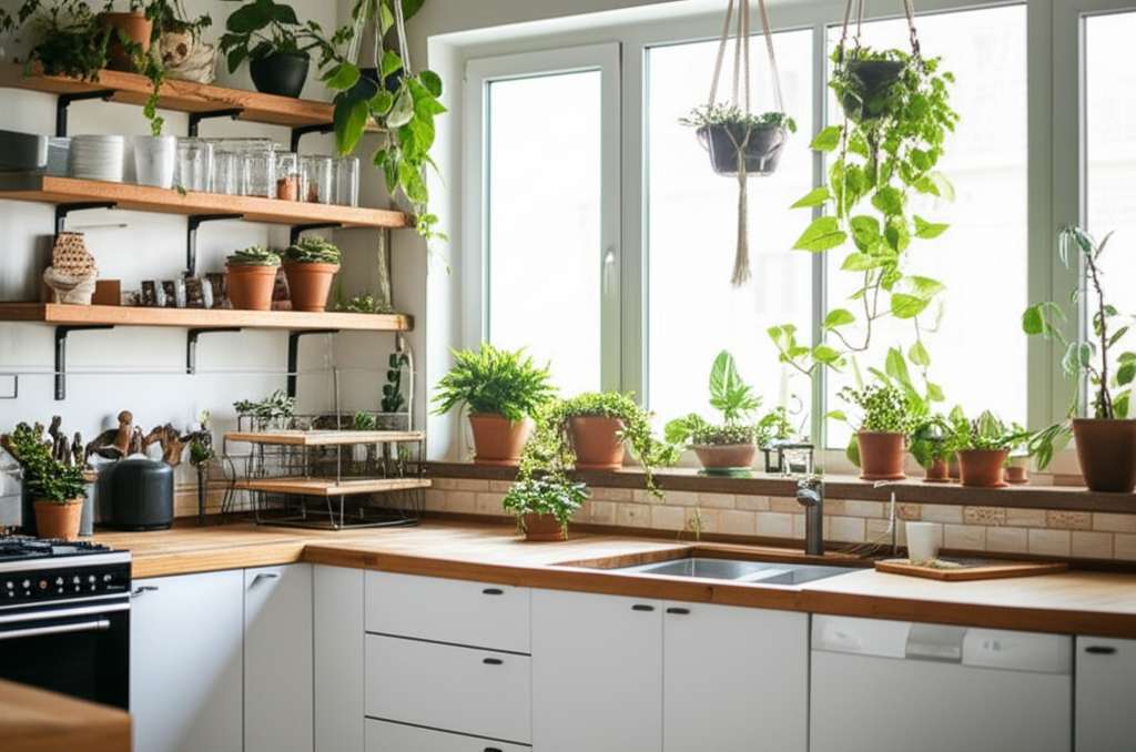Generate a high-quality, relevant image prompt for an article about: 8 Kitchen Plant Decor Ideas: Go