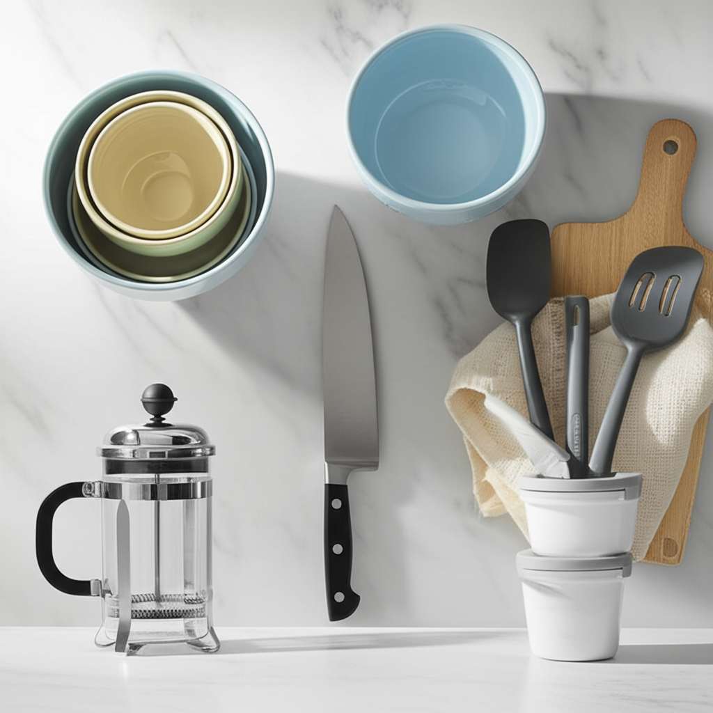 Generate a high-quality, relevant image prompt for an article about: 8 Minimalist Kitchen Essentials