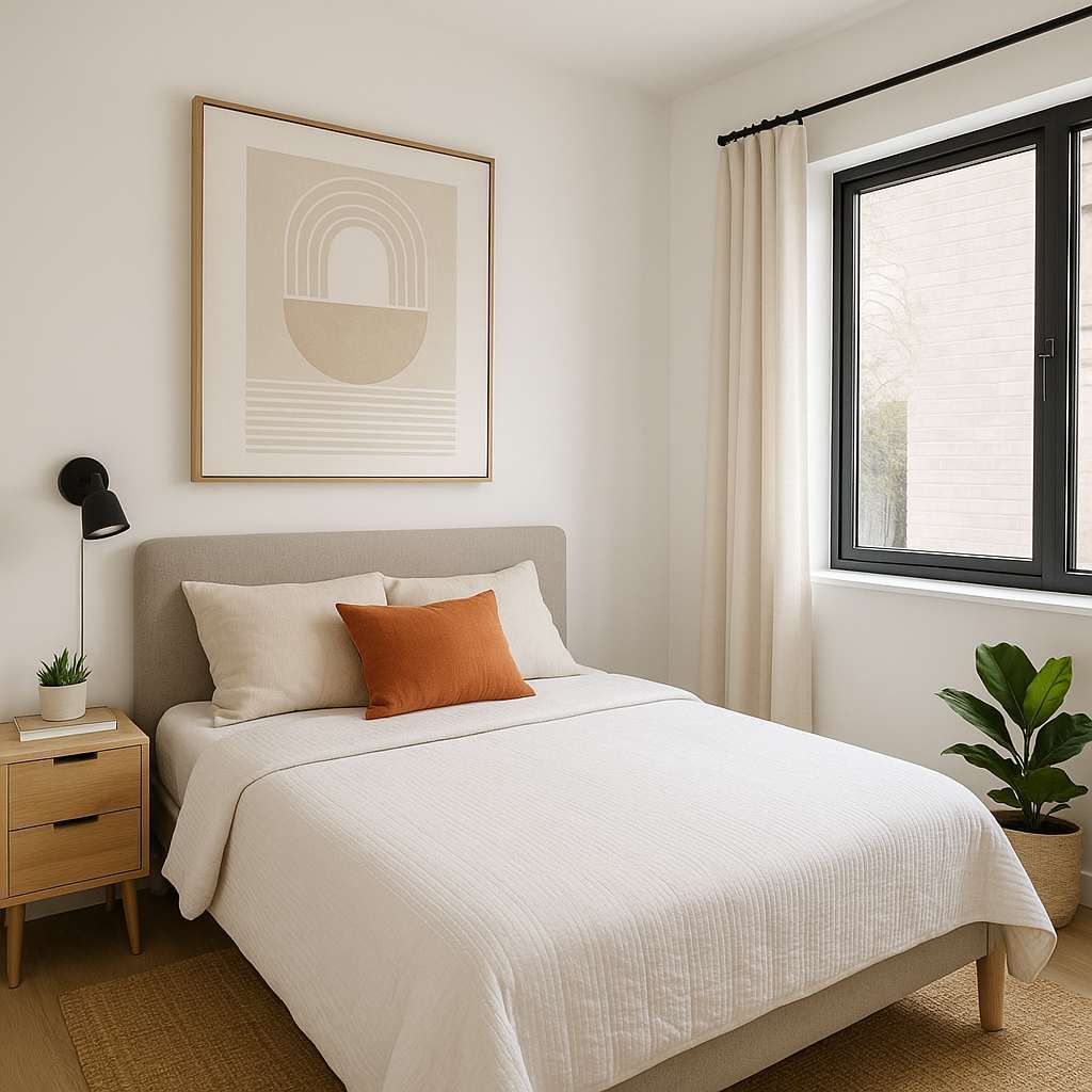 Generate a high-quality, relevant image prompt for an article about: Small Modern Bedroom Design Ide