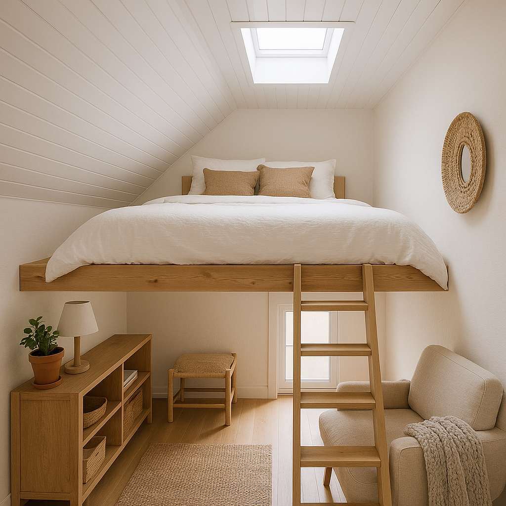 Generate a high-quality, relevant image prompt for an article about: Small Loft Bedroom Design Ideas