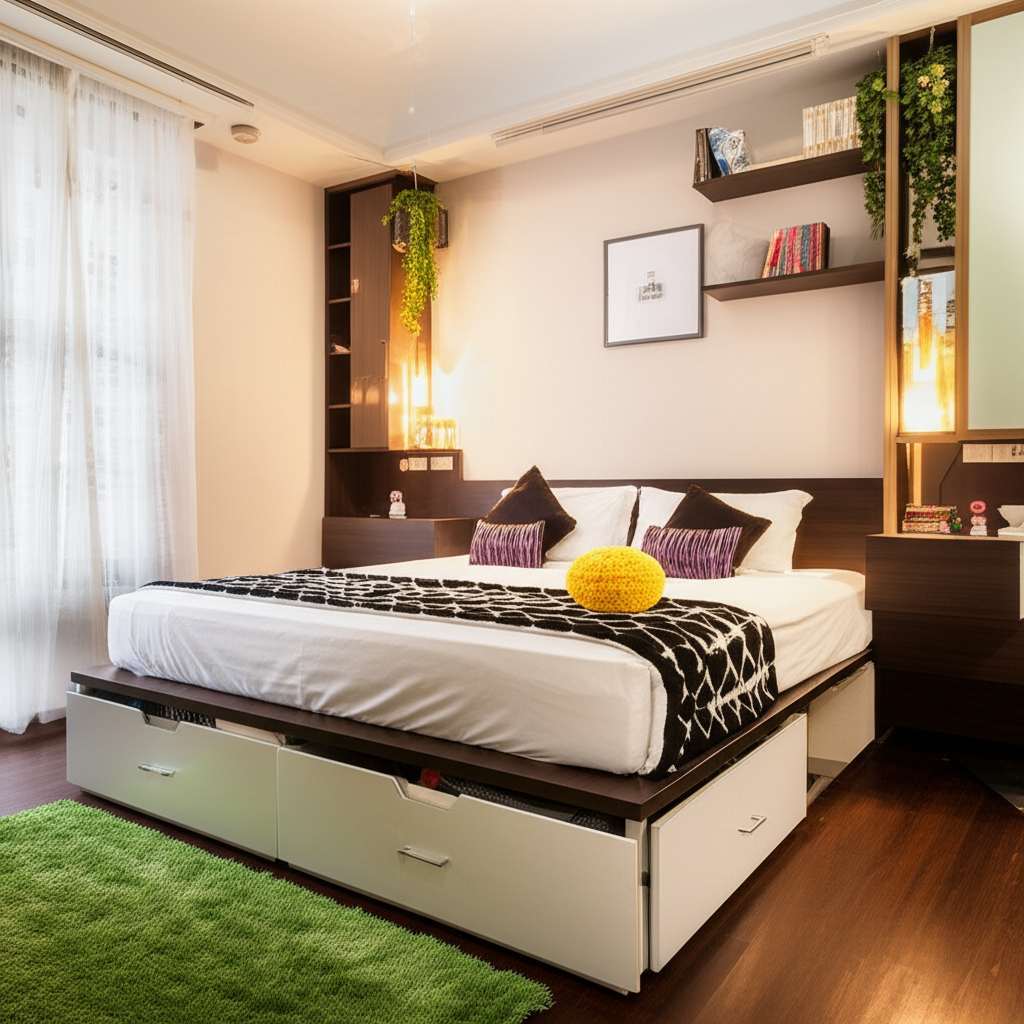Generate a high-quality, relevant image prompt for an article about: Small Space Saving Bedroom Desi
