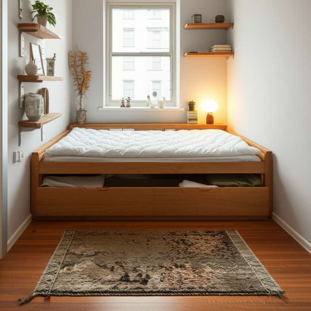Generate a high-quality, relevant image prompt for an article about: Small Space Saving Bedroom Desi