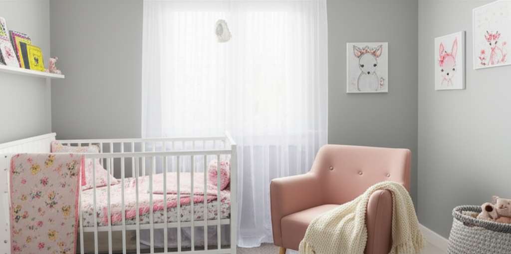 Generate a high-quality, relevant image prompt for an article about: Small Girl Baby Room Design Ide