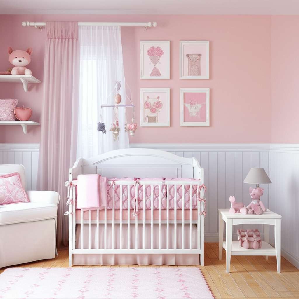 Generate a high-quality, relevant image prompt for an article about: Pink Girl Baby Room Design Idea
