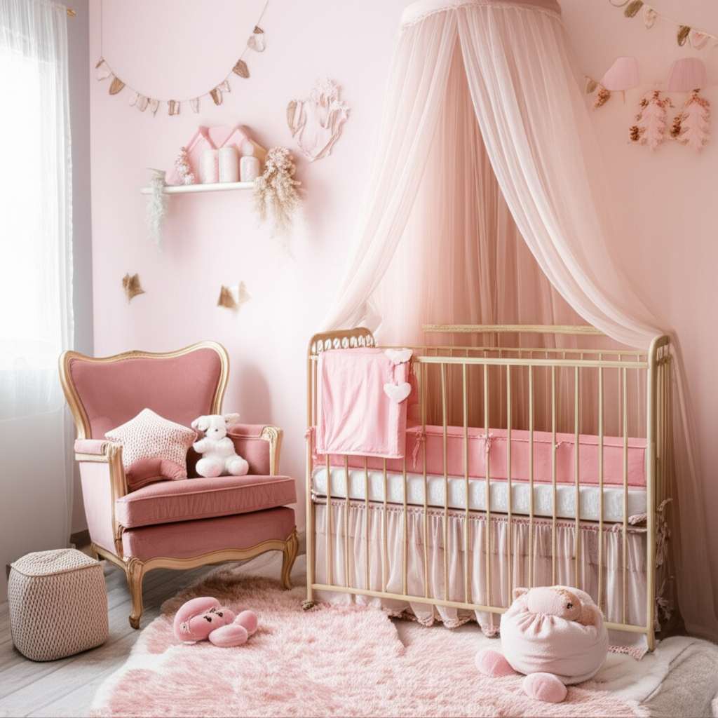 Generate a high-quality, relevant image prompt for an article about: Aesthetic Girl Baby Room Design