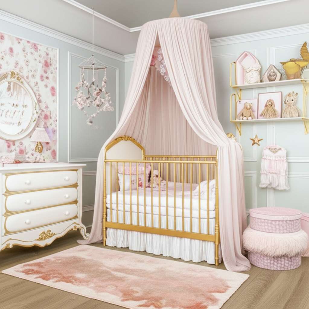 Generate a high-quality, relevant image prompt for an article about: Aesthetic Girl Baby Room Design
