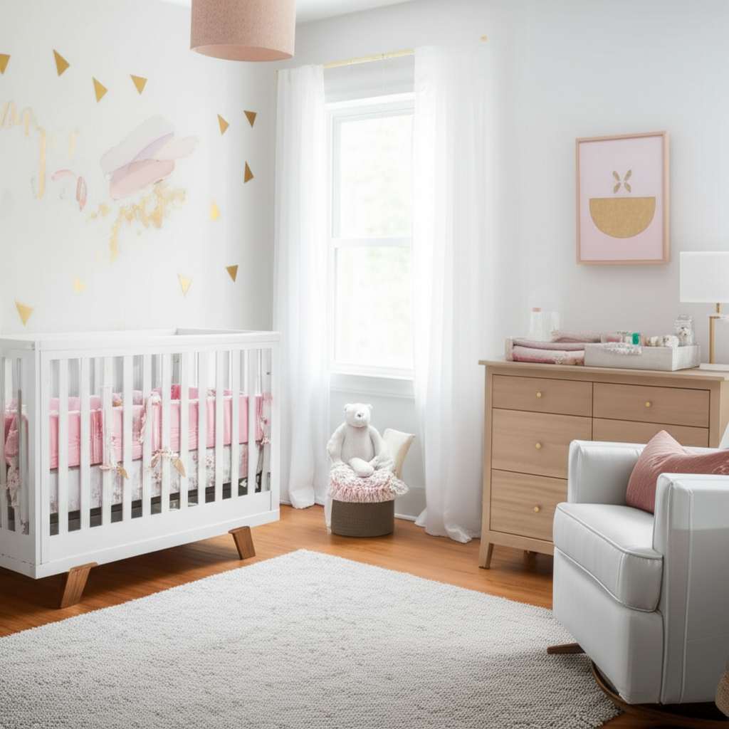 Generate a high-quality, relevant image prompt for an article about: Modern Girl Baby Nursery Design