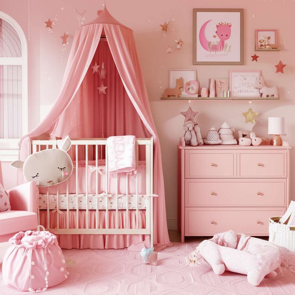 Generate a high-quality, relevant image prompt for an article about: Small Pink Nursery Room Ideas: