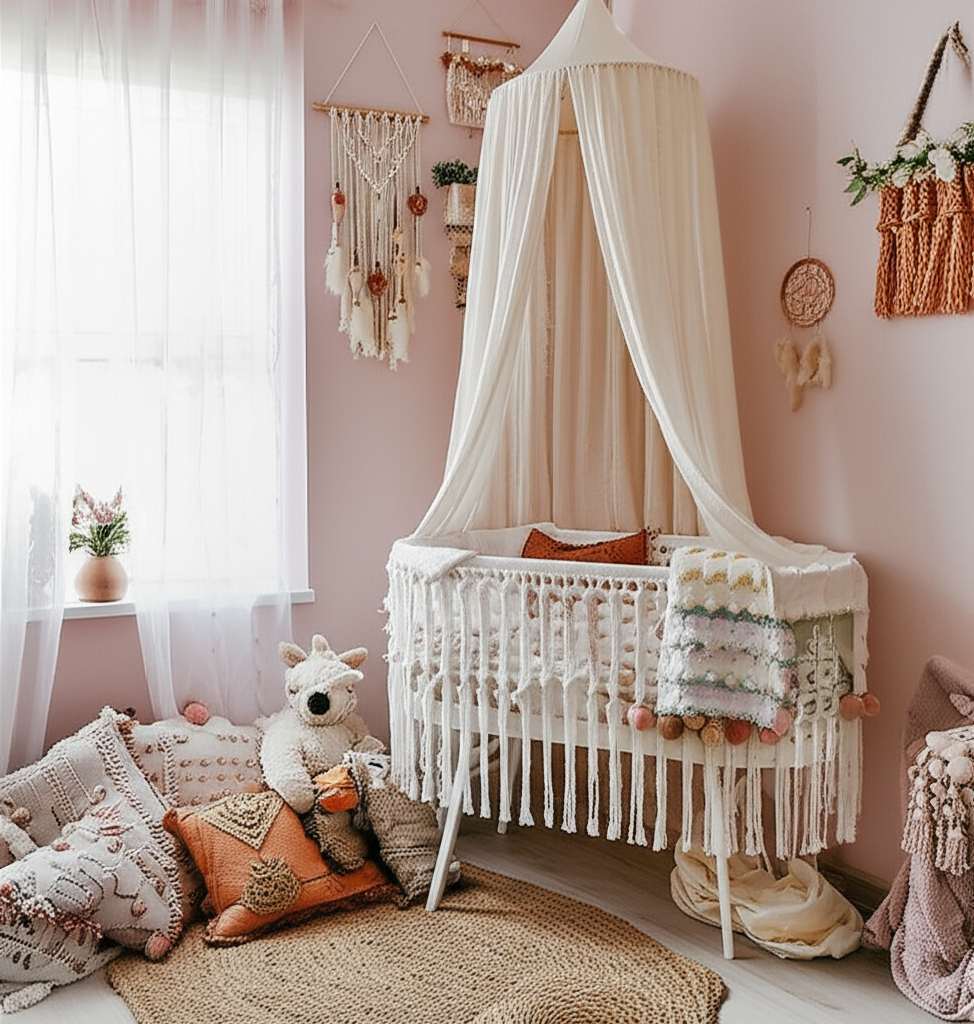 Generate a high-quality, relevant image prompt for an article about: Boho Baby Girl Nursery Room Ide