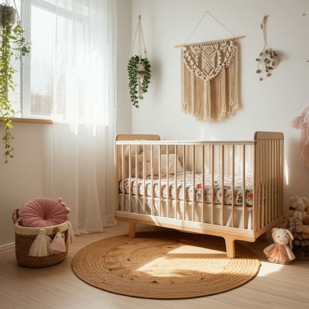 Generate a high-quality, relevant image prompt for an article about: Boho Baby Girl Nursery Room Ide