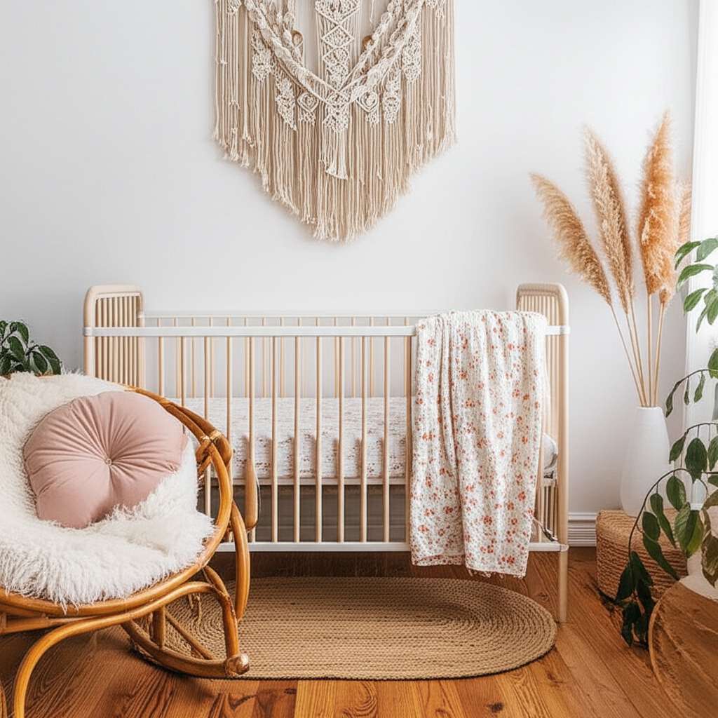 Generate a high-quality, relevant image prompt for an article about: Boho Baby Girl Nursery Room Ide