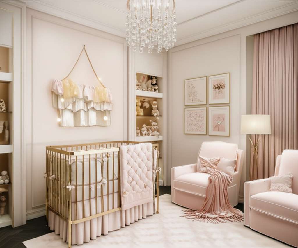 Generate a high-quality, relevant image prompt for an article about: Luxury Baby Girl Nursery Room I