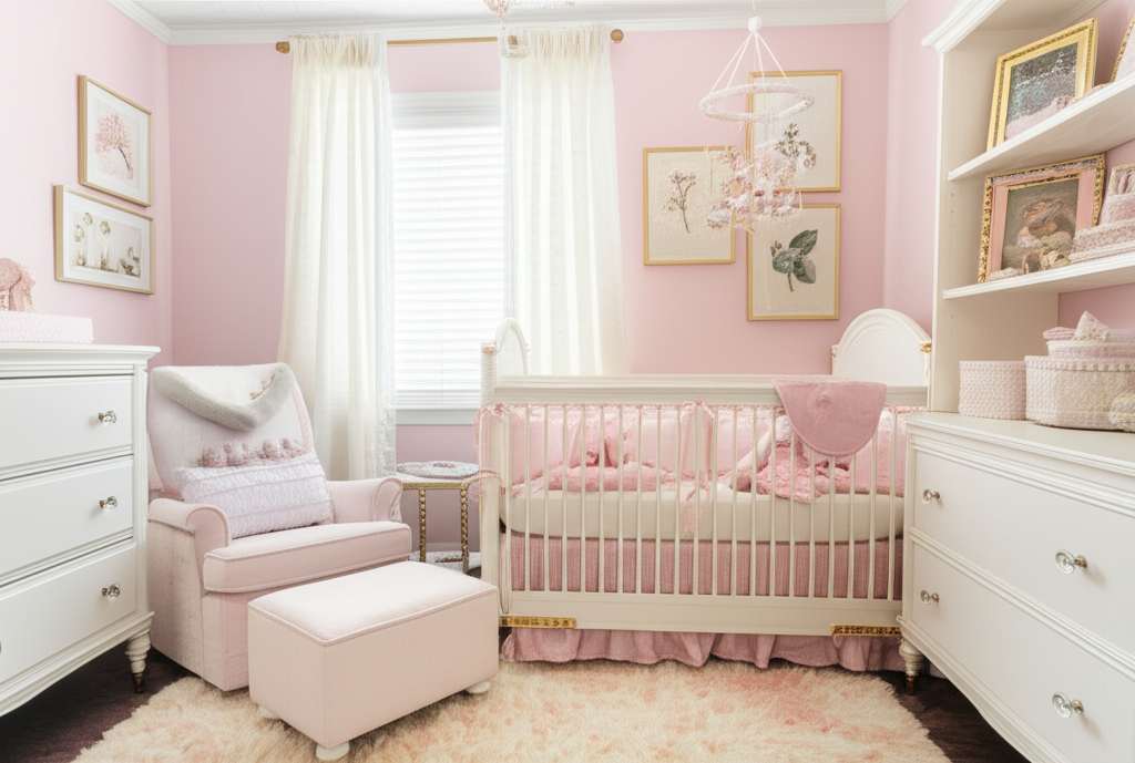 Generate a high-quality, relevant image prompt for an article about: Luxury Baby Girl Nursery Room I