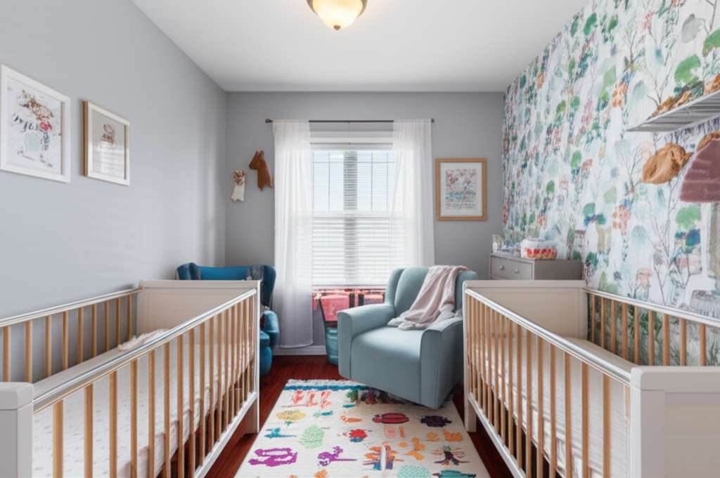 Generate a high-quality, relevant image prompt for an article about: Twin Baby Nursery Room Ideas: A