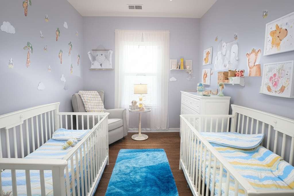 Generate a high-quality, relevant image prompt for an article about: Twin Baby Nursery Room Ideas: A