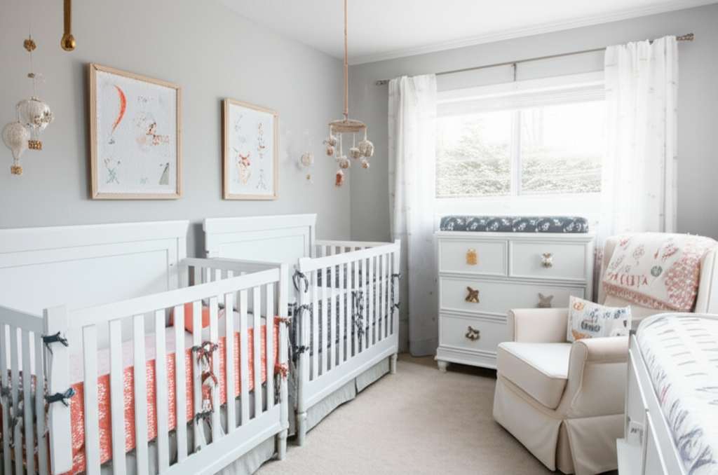 Generate a high-quality, relevant image prompt for an article about: Twin Baby Nursery Room Ideas: A